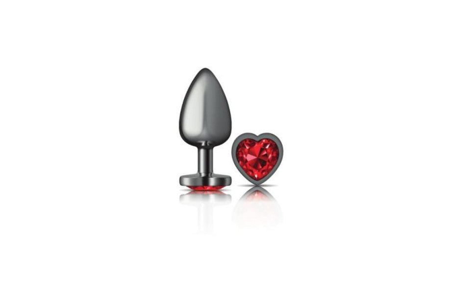 Cheeky Charms Gunmetal  Butt Plug w Heart Red Jewel Small