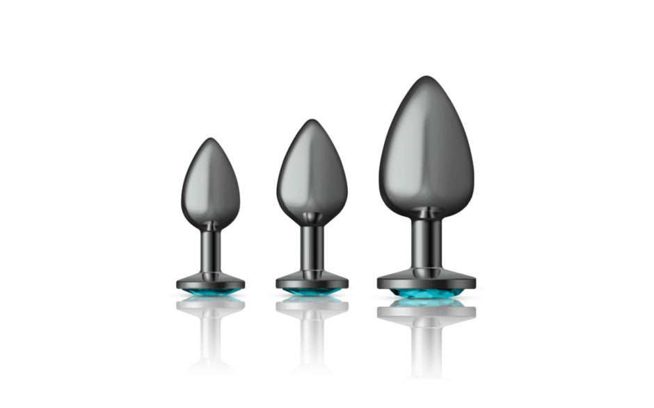 Cheeky Charms Round Metal Butt Plug Gunmetal 3 Pc Kit w Teal Jewel