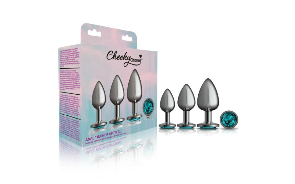 Cheeky Charms Round Metal Butt Plug Gunmetal 3 Pc Kit w Teal Jewel