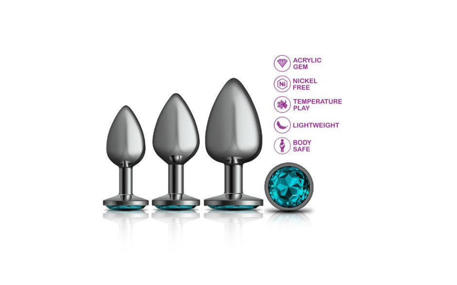 Cheeky Charms Round Metal Butt Plug Gunmetal 3 Pc Kit w Teal Jewel