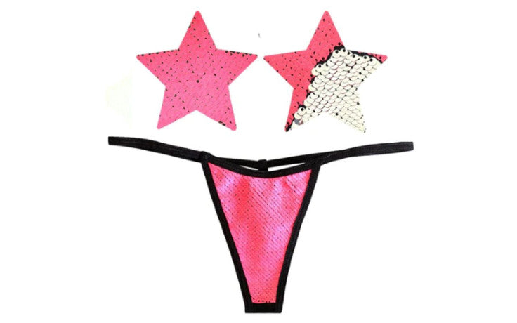 Bitchin Neon Pink and Silver Blacklight Sequin Pastie and Panty Set