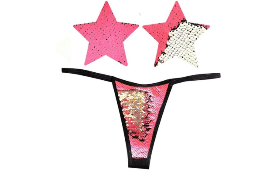 Bitchin Neon Pink and Silver Blacklight Sequin Pastie and Panty Set