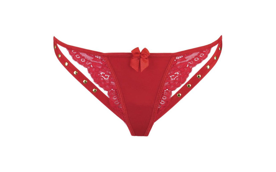 Microfiber and Lace G-String with Studs Red - Just for you desires