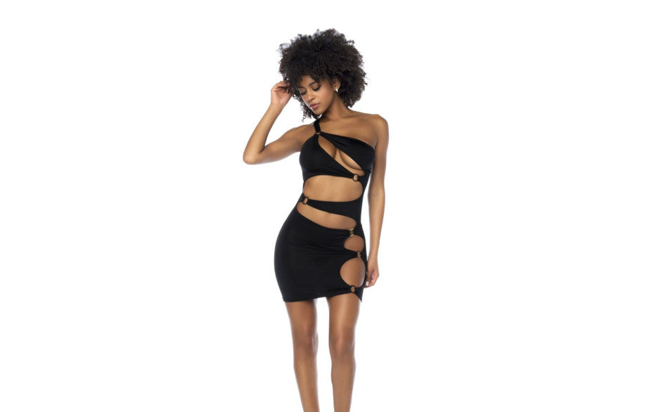 Asymmetrical Cut Out Dress w Ring Details Black