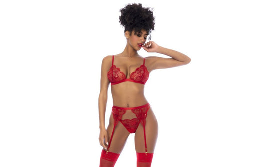 Red 3 Pc Set w/ Bralette, Garter Belt and Thong - Just for you desires