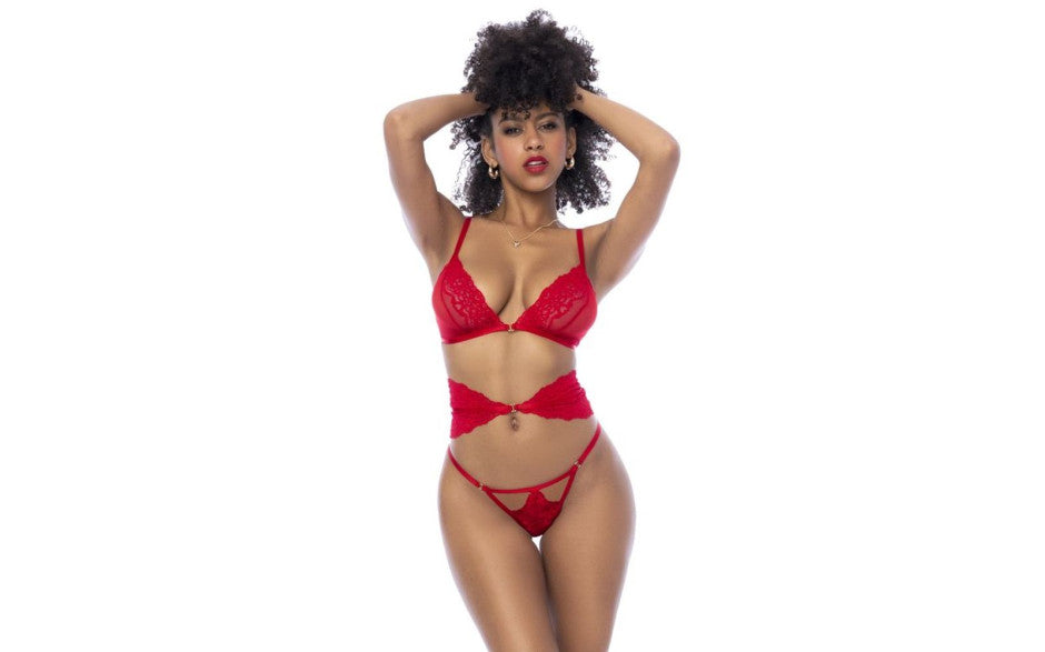 Red 3 Pc Set w/ Bra, Panties and Flexible Corset