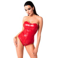 Woman wearing a red strapless outfit on a white background