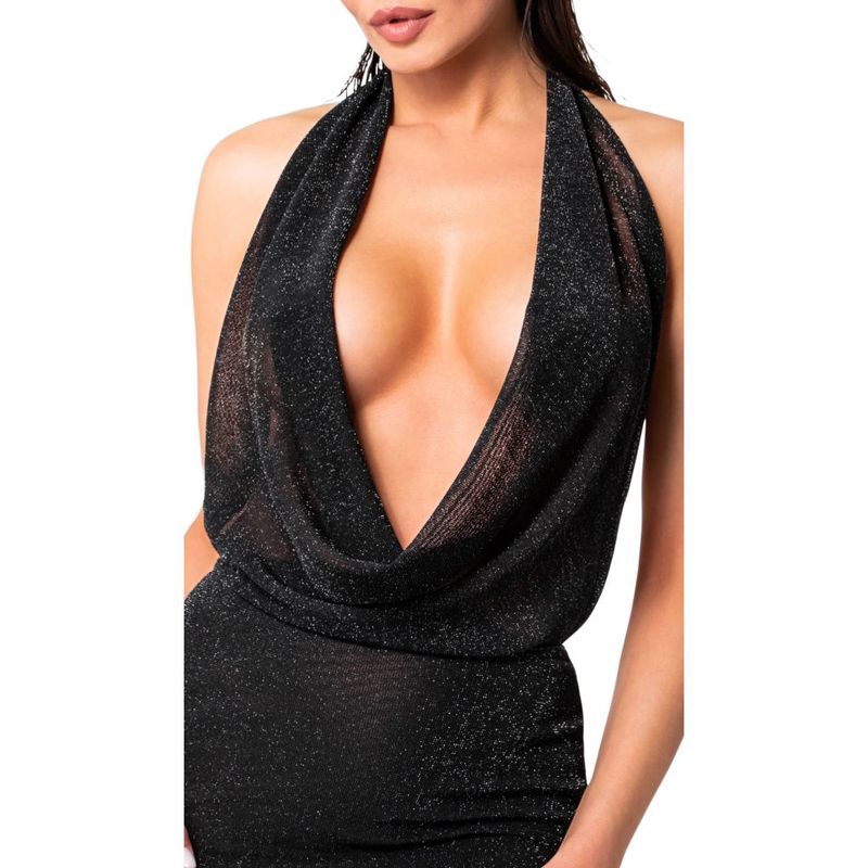 Black glittery halter neck dress on a white background