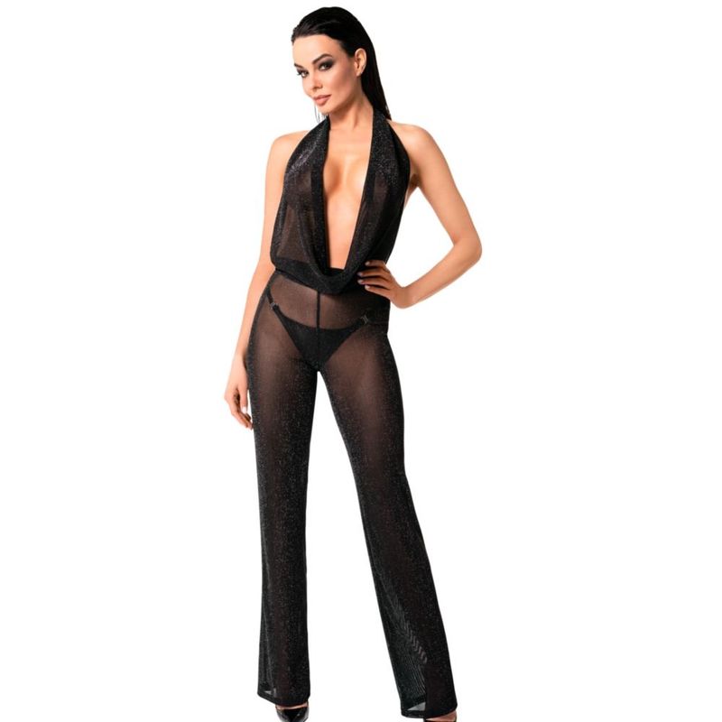 Woman wearing a black sheer jumpsuit on a white background