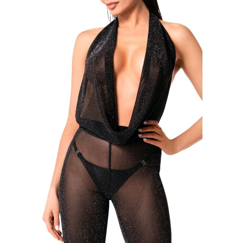 Black sheer bodysuit worn by a model on a white background