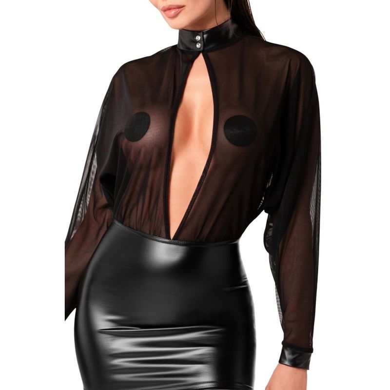 Black sheer blouse with cut-out design and black leather skirt on a white background