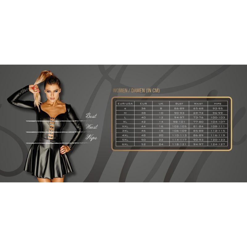 Woman in black leather outfit with measurement chart on a gray background