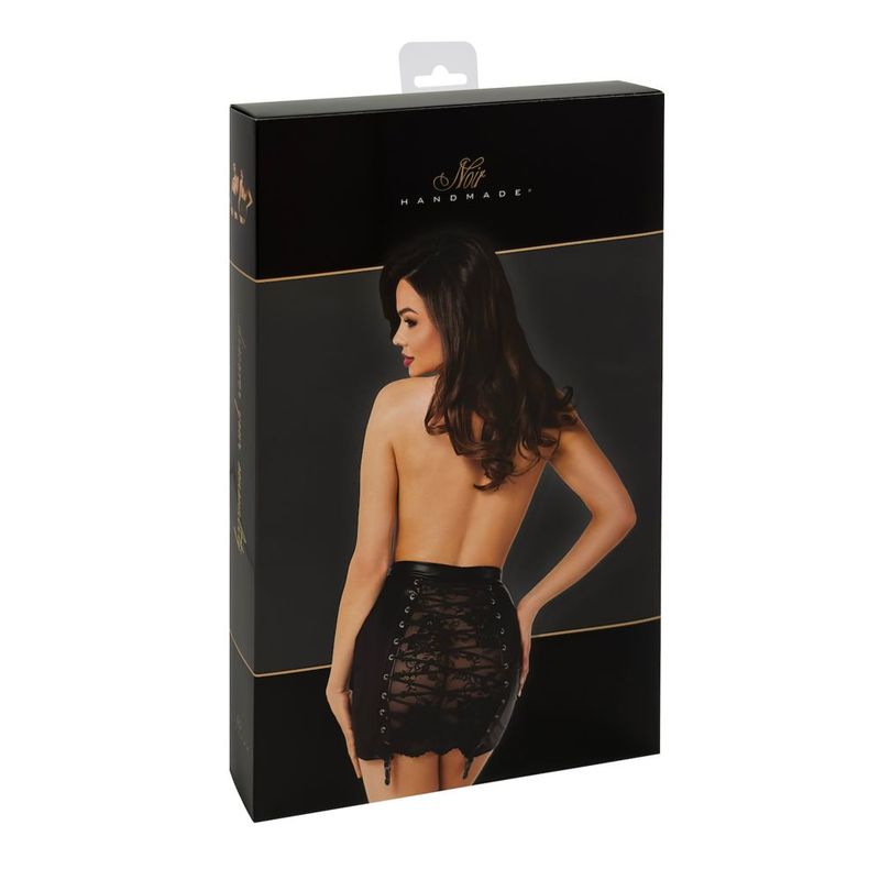 Box of a black lace garment with a woman's silhouette on a white background
