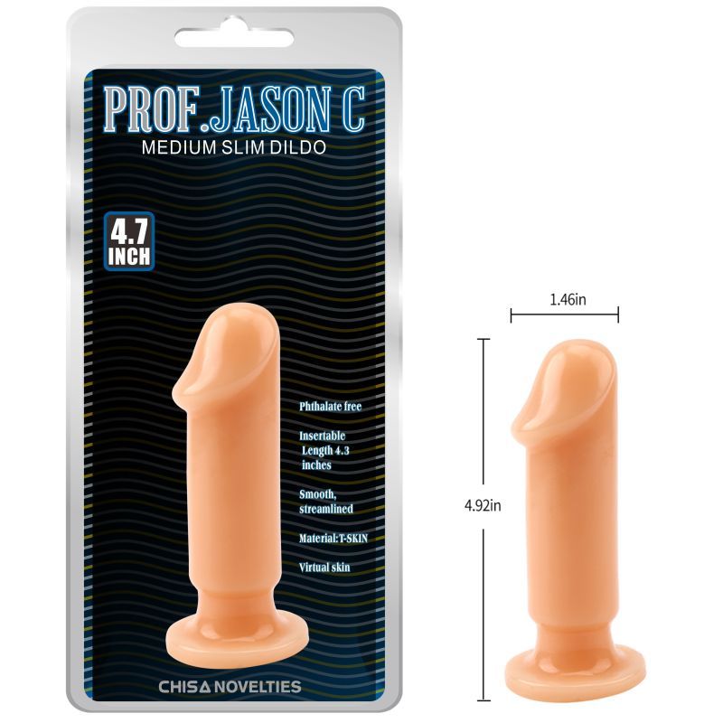 Medium slim dildo packaging with dimensions on a white background