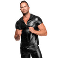 Man wearing a black leather outfit on a white background