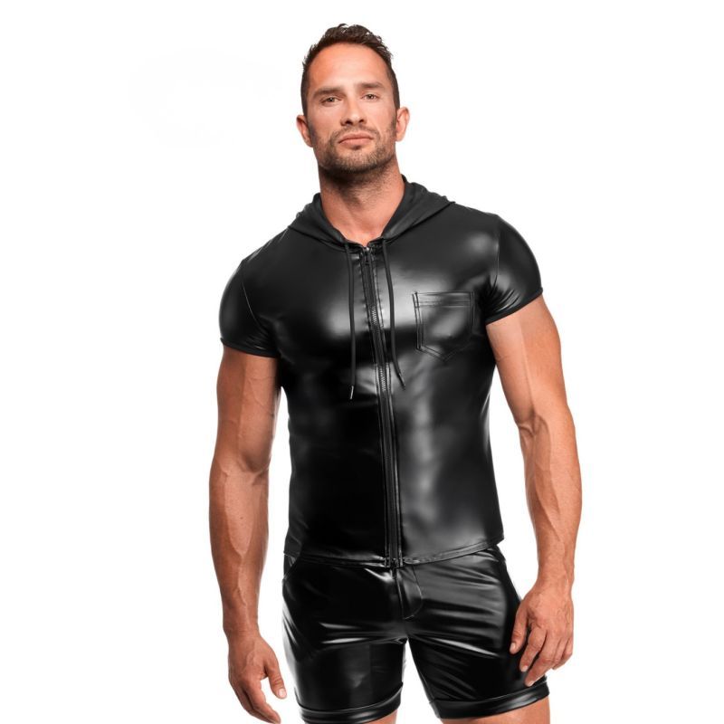 Man wearing a black leather outfit on a white background