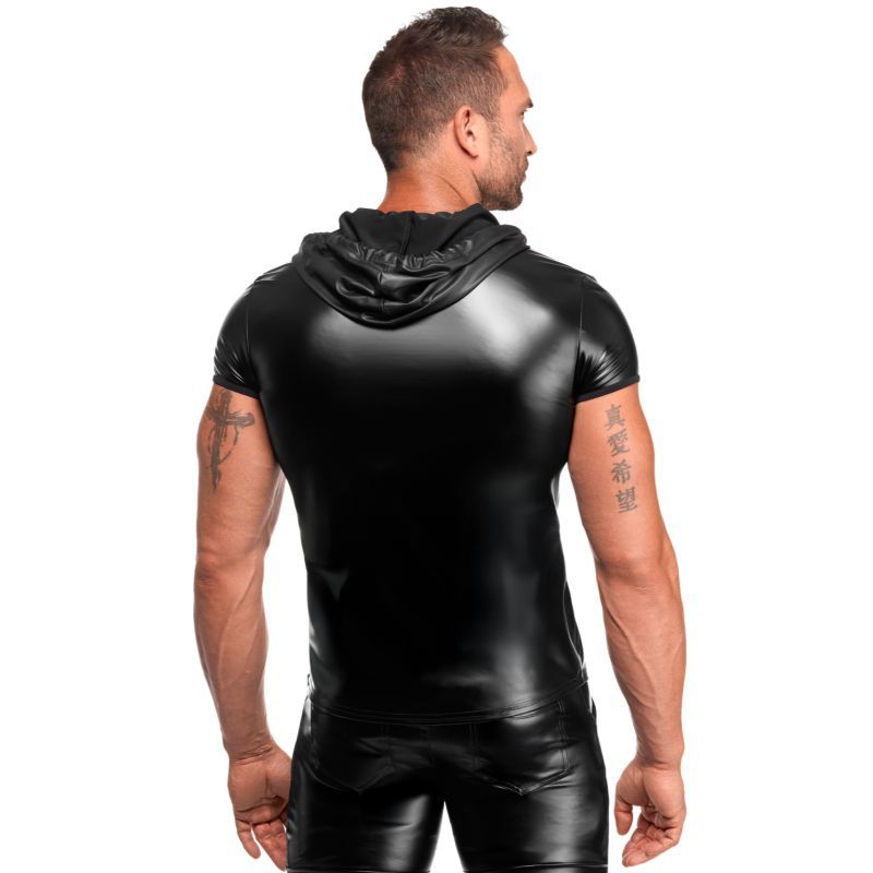 Man wearing a black leather outfit with a hood on a white background