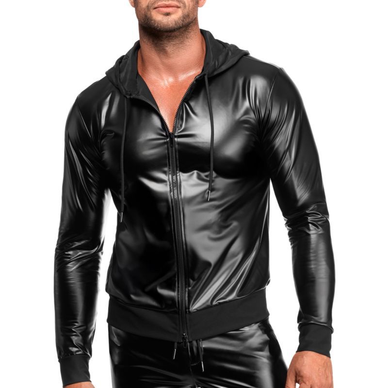 Man wearing a shiny black hoodie on a white background