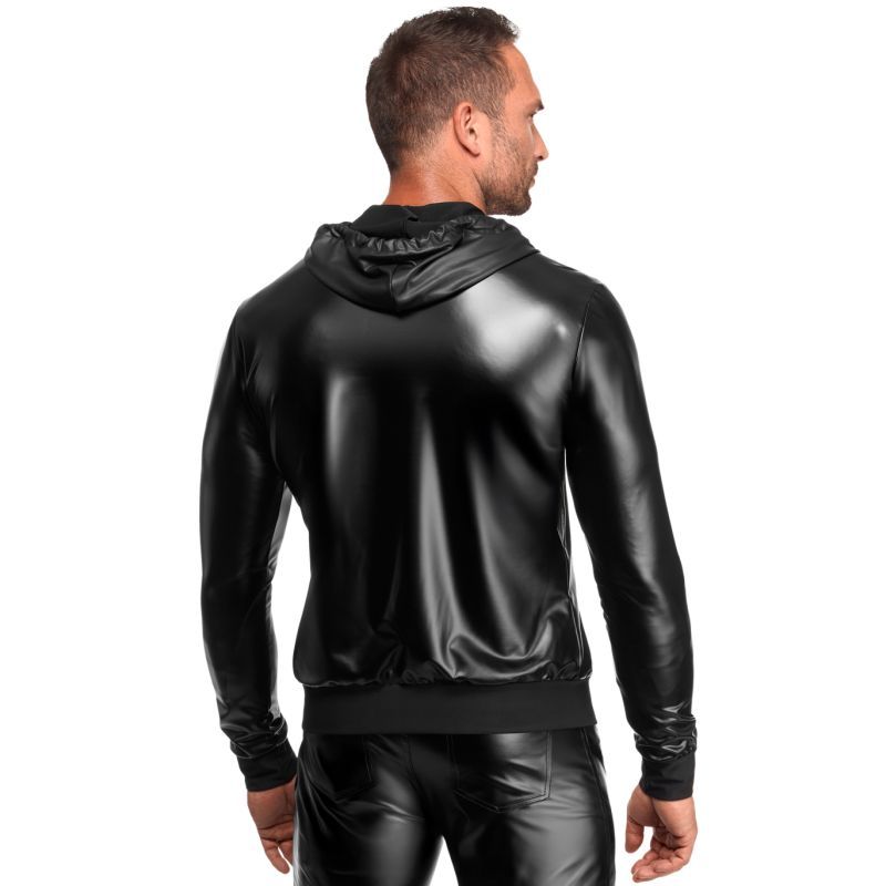 Man wearing a black leather jacket on a white background
