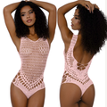 Two views of a woman wearing a pink crochet bodysuit on a white background