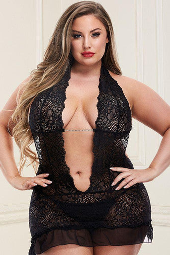 223585 - 2 Piece Deep-V Lace Chemise and G-String Set - Queen - Just for you desires