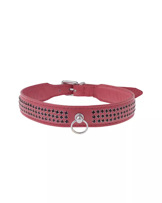 Bound X Thin Three Row Collar With Gems - Pink leather - Just for you desires