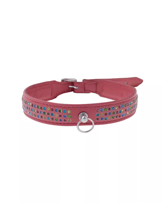 Bound X Thin Three Row Collar With Gems - Pink leather - Just for you desires