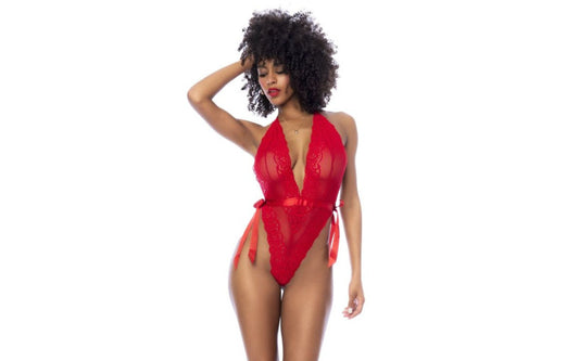 Red Lace Bodysuit with Side Ties - Just for you desires