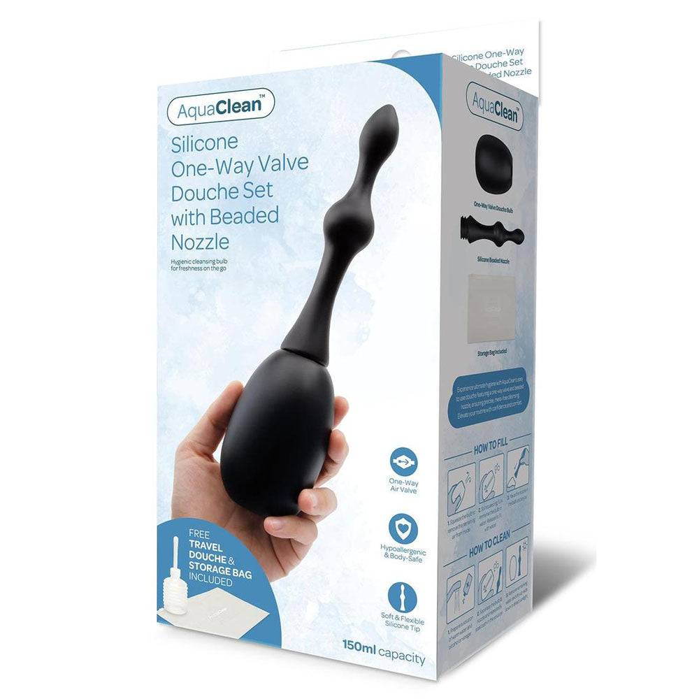 AquaClean Silicone 1-Way Valve Douche Set with Beaded Nozzle - 150 ml Capacity with Free Travel Douche Included - Just for you desires