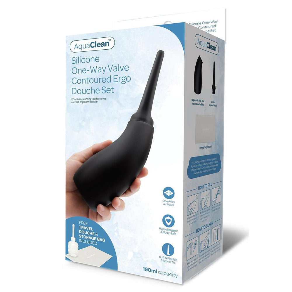 AquaClean Silicone 1-Way Valve Contoured Ergo Douche Set - 190 ml Capacity with Free Travel Douche Included - Just for you desires