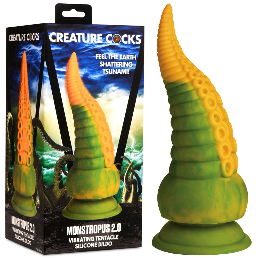 Creature Cocks Monstropus 2.0 Vibrating Tentacled Monster Silicone Dildo - Green/Yellow 18.5 cm USB Rechargeable Vibrating Fantasy Dildo - Just for you desires