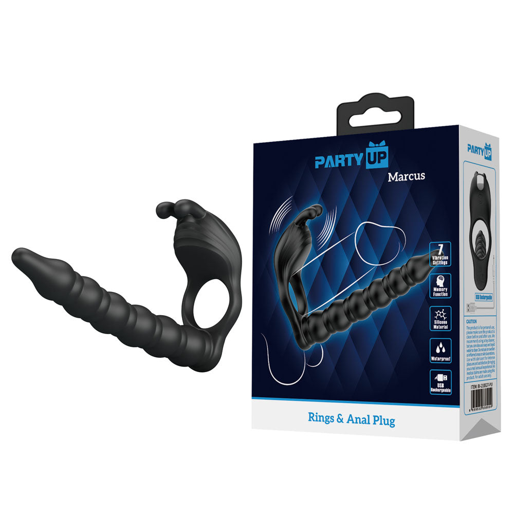 Party Up MARCUS Ring & Anal Plug - Black USB Rechargeable Vibrating Cock Ring with Double Penetrator - Just for you desires