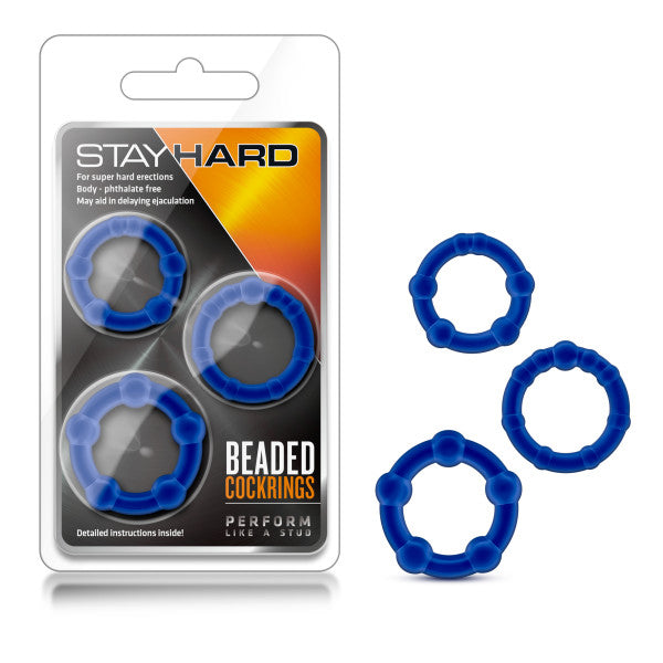 Stay Hard Beaded Cockrings - Blue Cock Rings - Set of  3 Sizes - Just for you desires