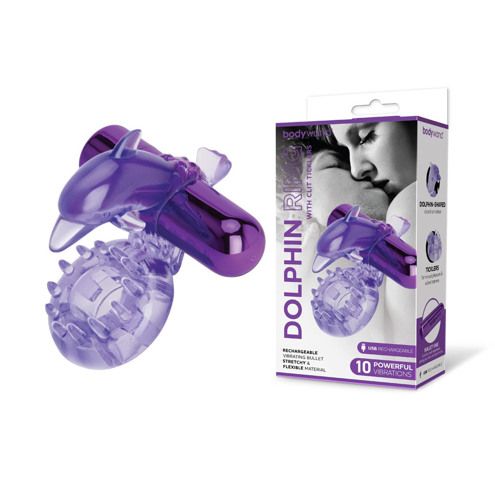 Bodywand Rechargeable Dolphin Ring with Clit Ticklers - Purple USB Rechargeable Vibrating Cock Ring - Just for you desires