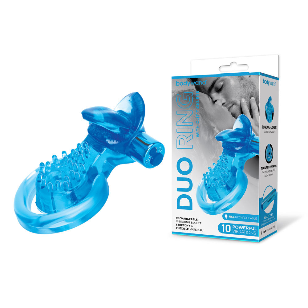 Bodywand Rechargeable Duo Ring with Clit Tickler - Blue USB Rechargeable Vibrating Cock Ring - Just for you desires