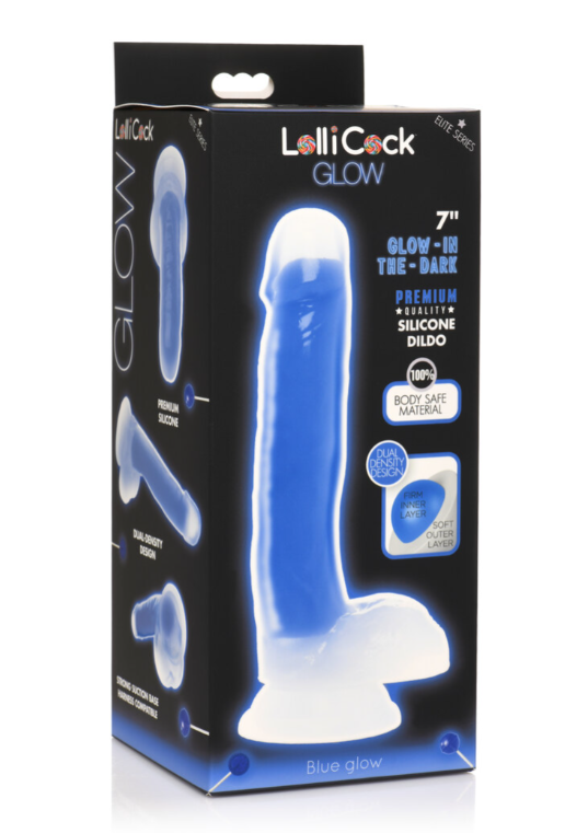 Lollicock 7"" Glow In The Dark Silicone Dildo W/ Balls Blue - Just for you desires