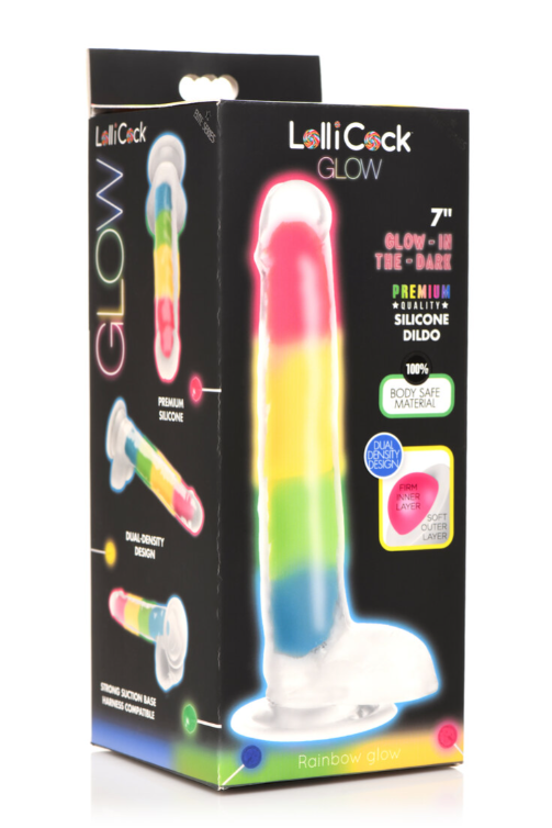 Lollicock 7"" Glow In The Dark Rainbow Silicone Dildo W/ Balls Rainbow - Just for you desires