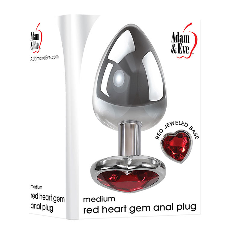 Adam & Eve Red Heart Gen Anal Plug - Medium - Metallic 8.25 cm Butt Plug with Heart Gem Base - Just for you desires