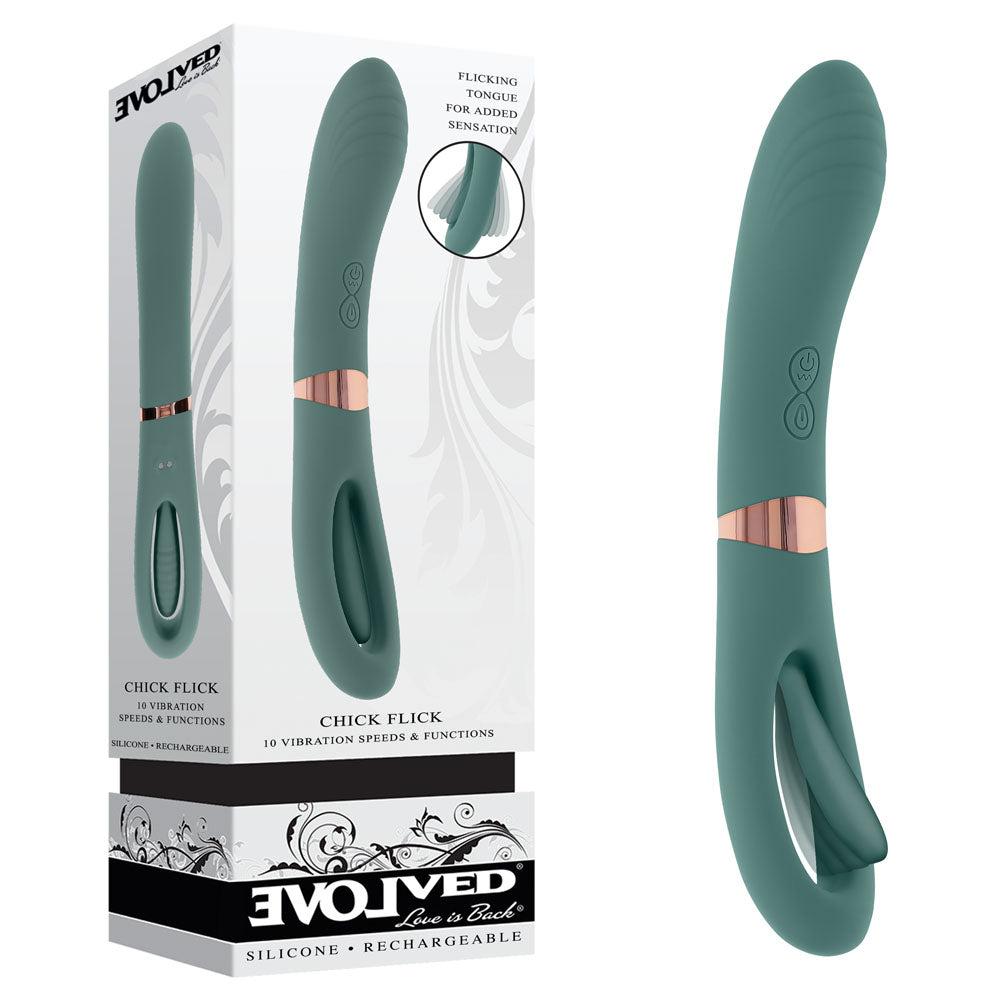 Evolved CHICK FLICK - Olive Green 24 cm USB Rechargeable Vibrator with Flicking Tip - Just for you desires