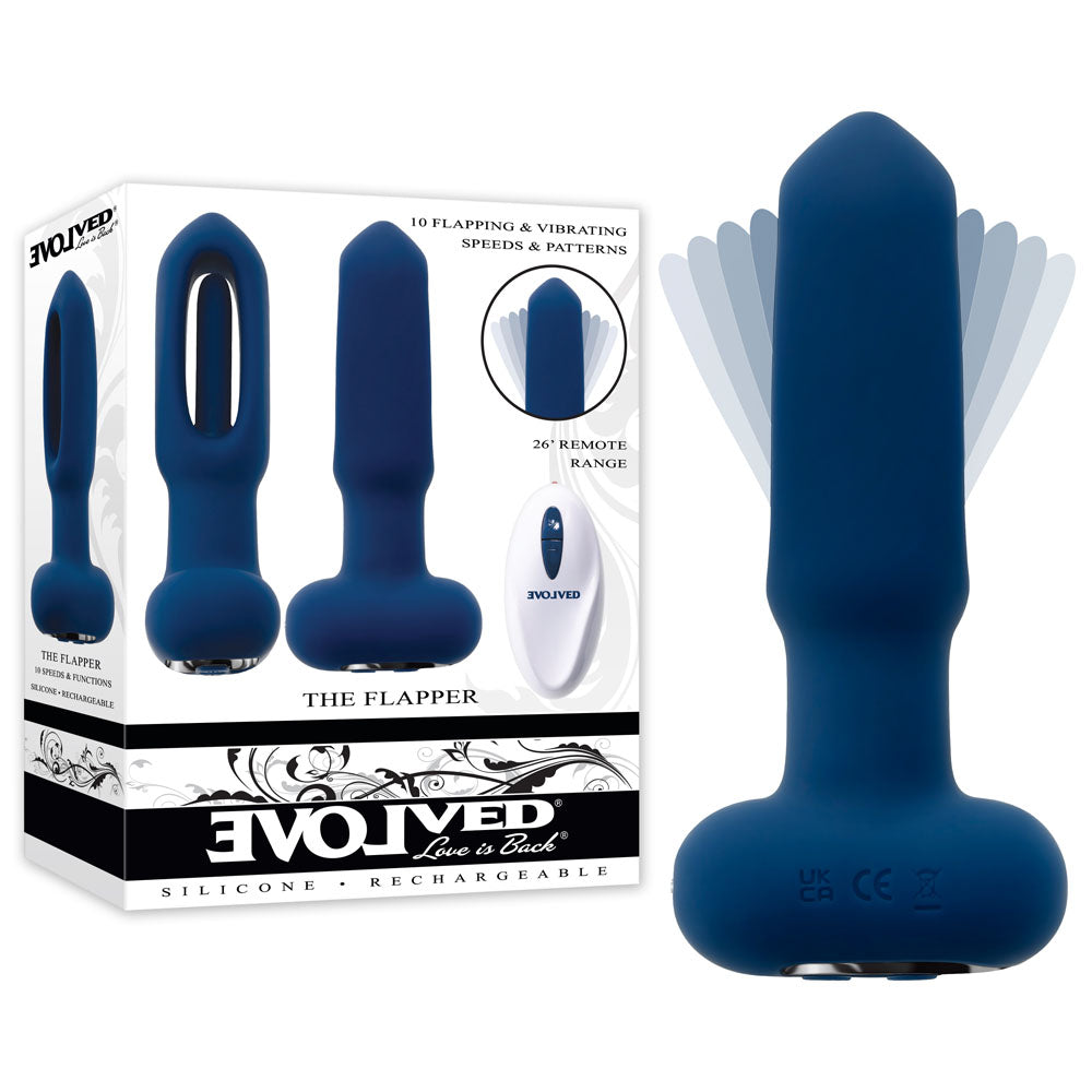 Evolved THE FLAPPER - Blue 14 cm USB Rechargeable Vibrating and Flapping Butt Plug with Remote - Just for you desires