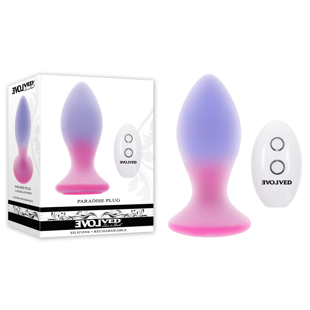 Evolved PARADISE PLUG - Pink/Purple 10.5 cm USB Rechargeable Vibrating Butt Plug with Wireless Remote - Just for you desires