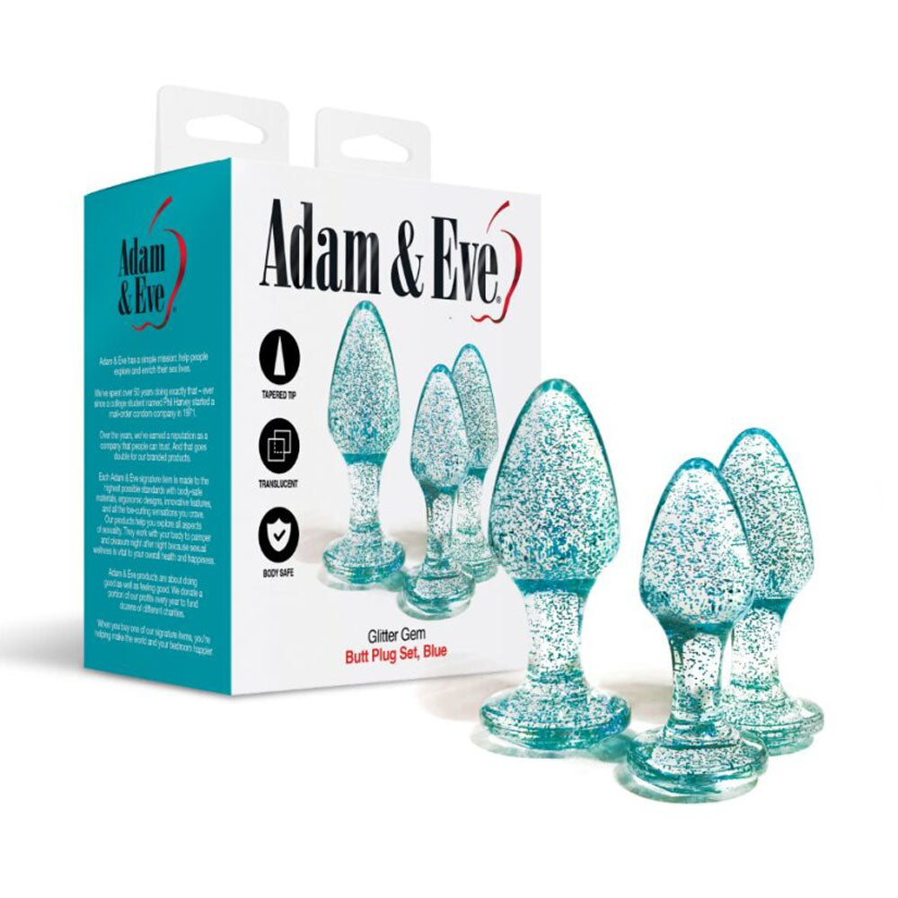 Adam & Eve Glitter Gem 3-Piece Butt Plug Set - Blue - Glitter Blue Butt Plugs - Set of 3 Sizes - Just for you desires