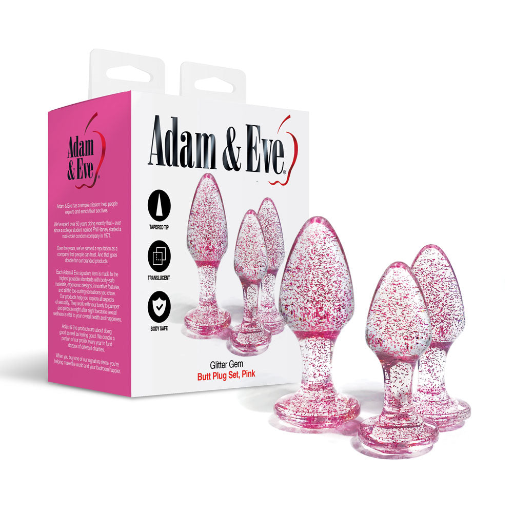Adam & Eve Glitter Gem 3-Piece Butt Plug Set - Pink - Glitter Pink Butt Plugs - Set of 3 Sizes - Just for you desires