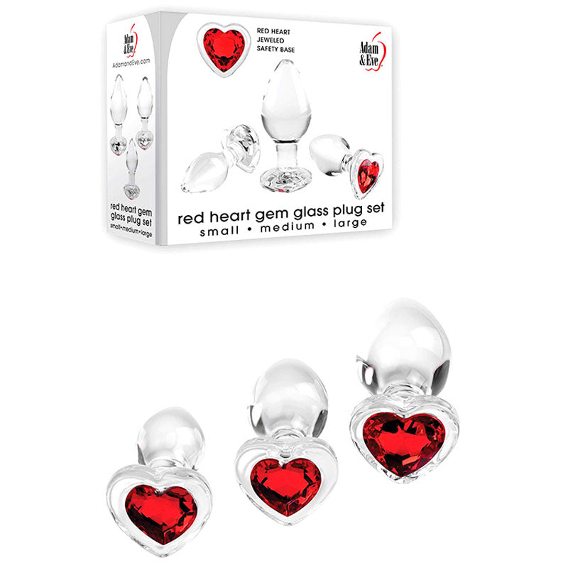 Adam & Eve RED HEART GEM GLASS PLUG SET - Clear Glass Butt Plugs - Set of 3 Sizes - Just for you desires