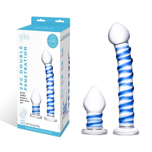 2 Pc Double Penetration Glass Swirly Dildo & Buttplug Set - Just for you desires