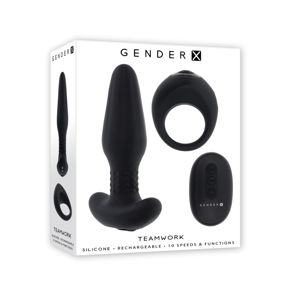 Gender X TEAMWORK - Black USB Rechargeable Rimming Butt Plug & Vibrating Cock Ring - Just for you desires