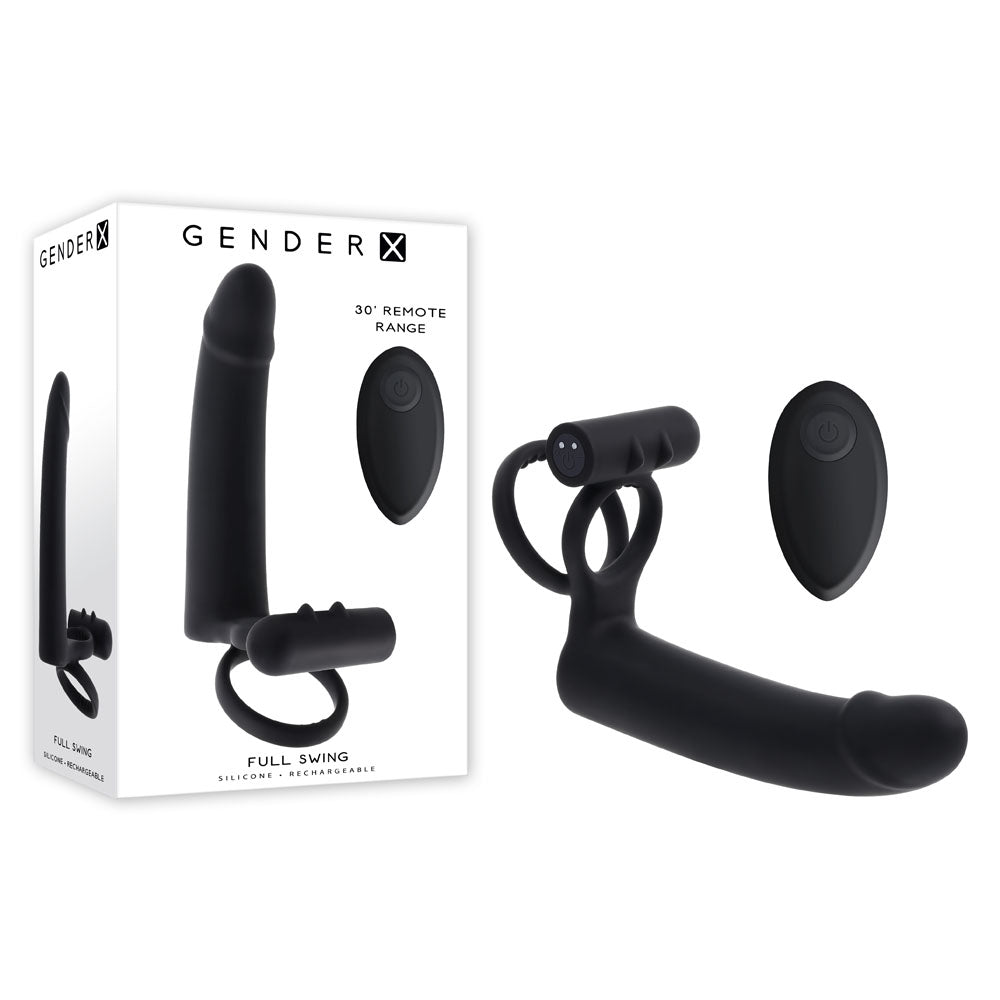 Gender X FULL SWING - Black USB Rechargeable Vibrating Cock Ring with Double Penetrator Dildo - Just for you desires