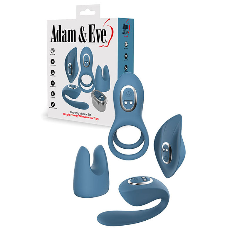 Adam & Eve FOUR-PLAY Vibrator Set - Blue USB Rechargeable Couples Play Kit - Just for you desires