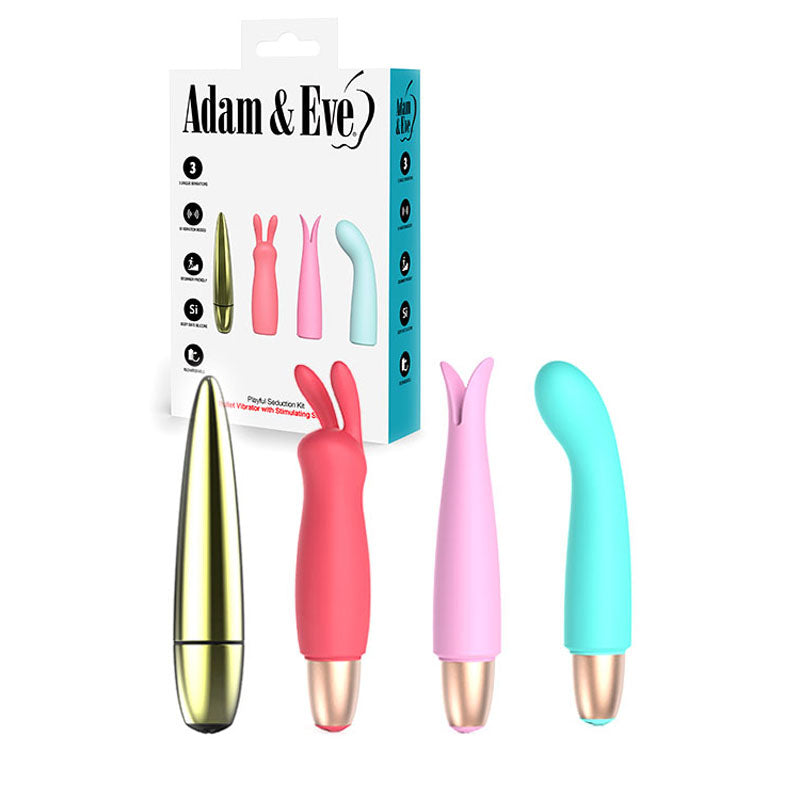 Adam & Eve PLAYFUL SEDUCTION KIT - USB Rechargeable Vibrator with 3 Interchangeable Sleeves - Just for you desires