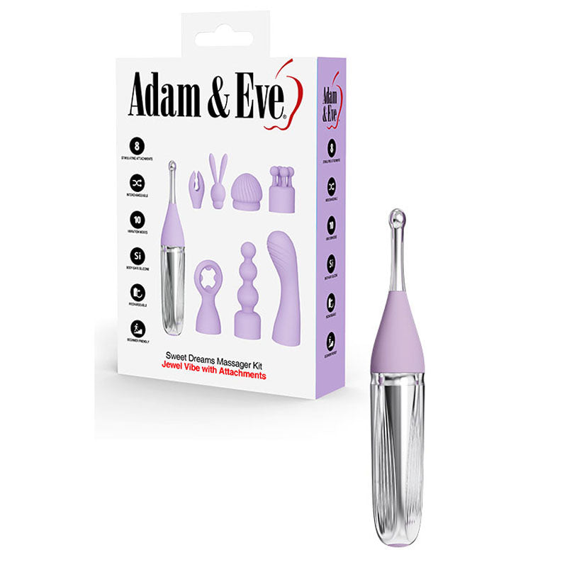 Adam & Eve SWEET DREAMS MASSAGER KIT - Lavender USB Rechargeable Point Stimulator with 8 Interchangeable Tips - Just for you desires